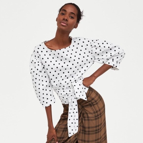 Zara Polka Dot Tie Back Wrap Linen Top Blouse - Picture 5 of 13